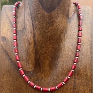 Southwestern Sterling Silver Red Coral W Pearls Bead Necklace 18 inch Gift